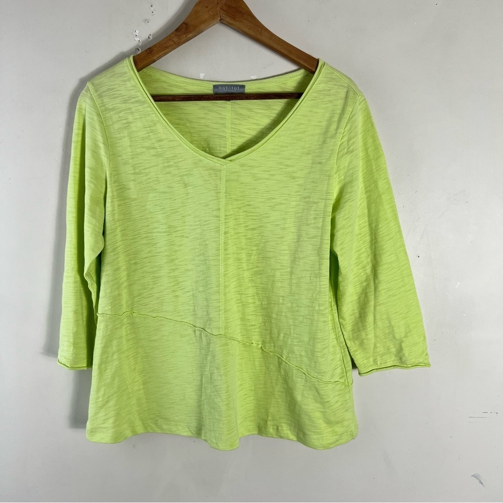 Habitat Green/Yellow Boxy V-Neck 3/4 Sleeve Top Size Small Lagenlook Art To wear